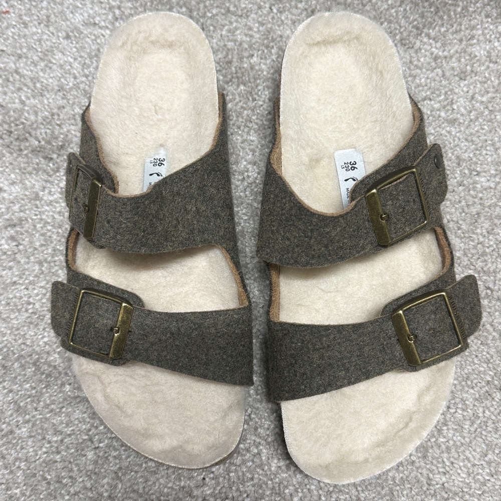 Birkenstock Olive Green Happy Lamb Wool Felt Sandals - Picture 2 of 6